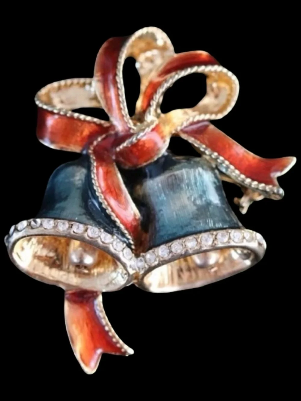 Vintage 1980s Monet Christmas Double Bell Brooch Pin - EUC, Enamel & Rhinestone